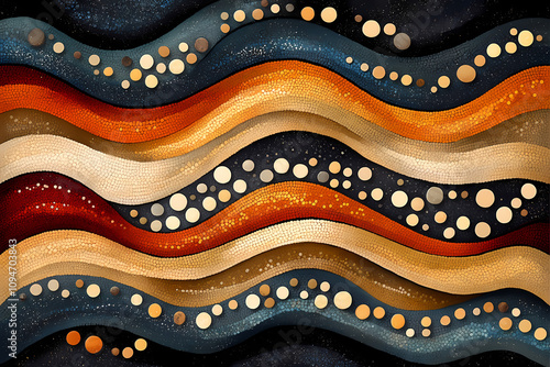 Dot paintings in earthy tones with wavy patterns formed by the lines.