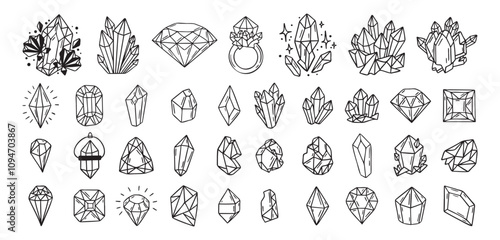 Mystical crystals or diamonds isolated clipart bundle set. Magic crystals hand drawn, crystals doodle, line gem stones isolated items on white esoteric