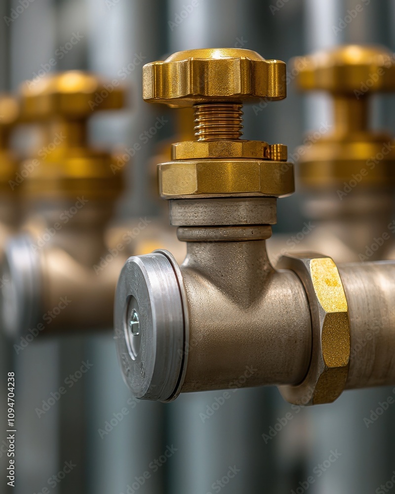A close-up of industrial valves with golden handles, showcasing metal piping and connectors in a structured arrangement. A close-up of industrial valves with golden handles, showcasing metal piping and connectors in a structured arrangement.