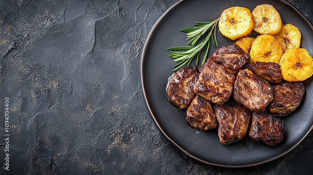 A plate of grilled meat with fried plantains and rosemary sprigs. A plate of grilled meat with fried plantains and rosemary sprigs.