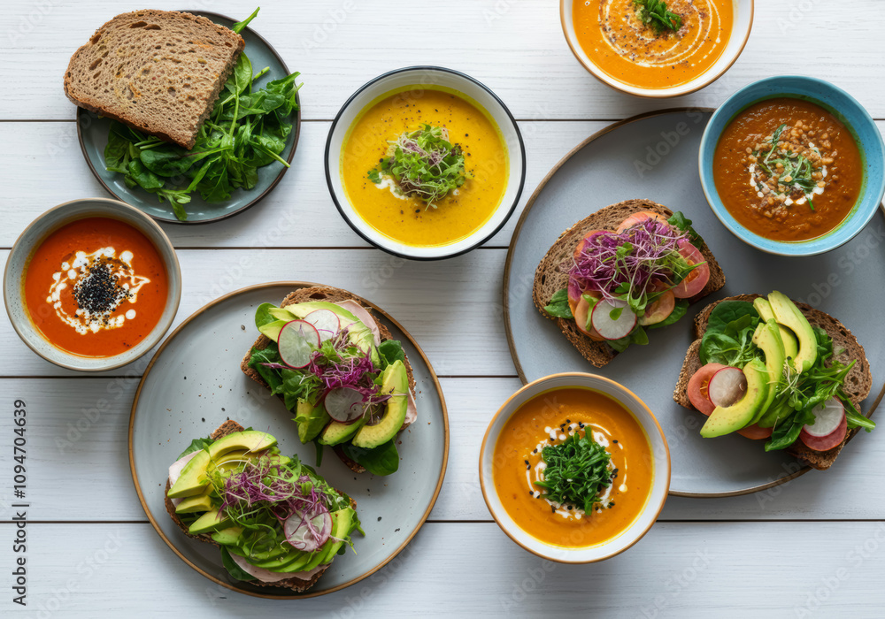 Vegetarian healthy food soup and vegan sandwiches, different sandwiches with avocado on wooden background Vegetarian healthy food soup and vegan sandwiches, different sandwiches with avocado on wooden background