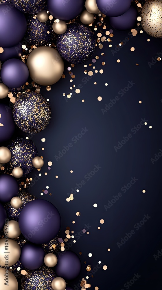 Purple and gold balloons filled with confetti shimmer against a dark backdrop, perfect for creating a celebratory and festive ambiance Purple and gold balloons filled with confetti shimmer against a dark backdrop, perfect for creating a celebratory and festive ambiance