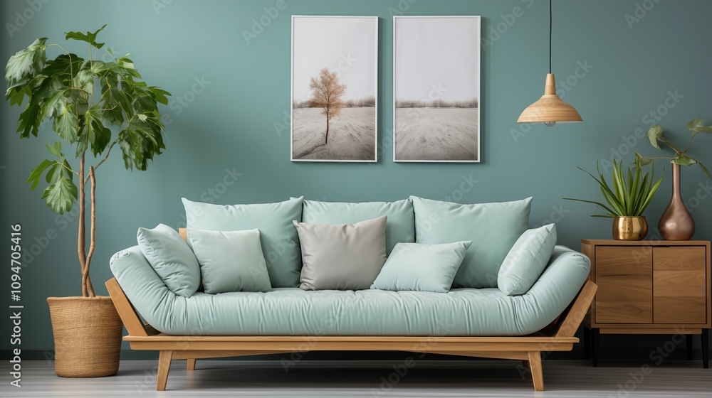 A relaxing Scandinavian living room with a mint and white pillow sofa, wooden cabinet, houseplant, and blue wall with pendant lighting. A perfect blend of style. A relaxing Scandinavian living room with a mint and white pillow sofa, wooden cabinet, houseplant, and blue wall with pendant lighting. A perfect blend of style.