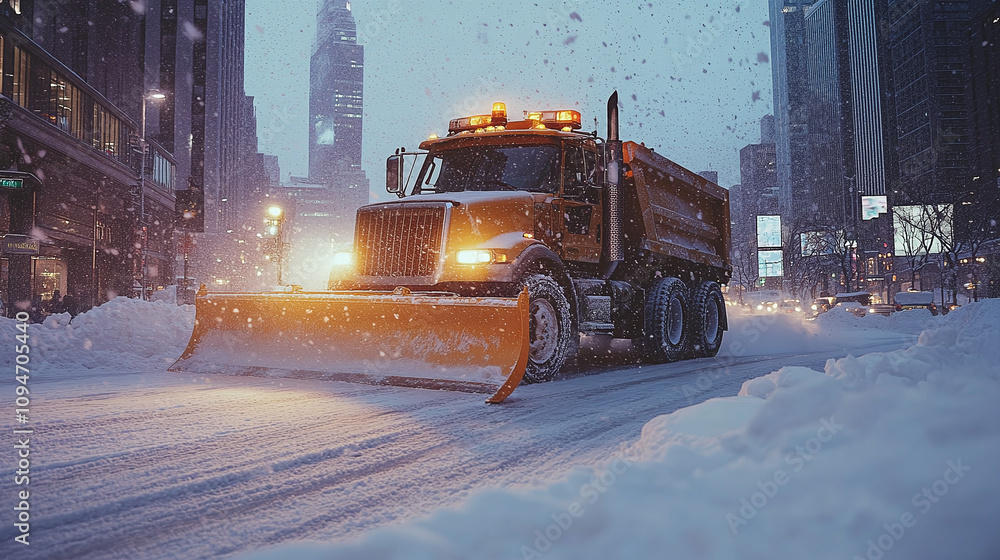 Snowplow truck clearing snow on a city street during snowfall, with glowing lights illuminating the urban winter scene. Snowplow truck clearing snow on a city street during snowfall, with glowing lights illuminating the urban winter scene.