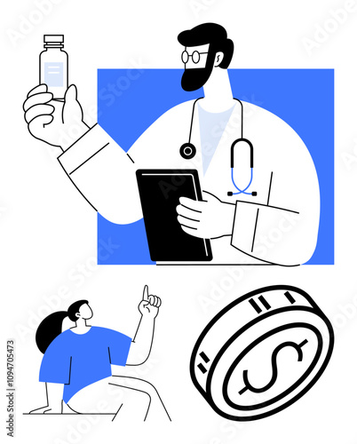 Doctor examines medication while holding a tablet, patient gestures a question, large dollar coin signifies medical cost. Ideal for healthcare, telemedicine, patient consultation, medical advice
