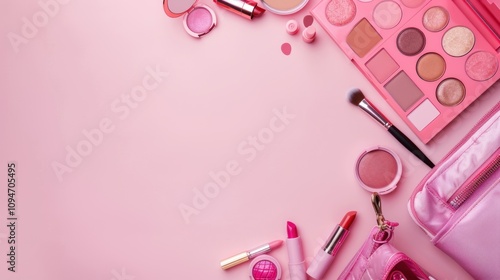 Women's accessories display for makeup on a pink background. Beauty concept.