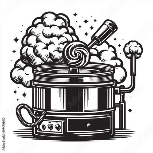 Vintage-Style Machine Creating a Cloud of Ideas. A stylized, black and white illustration of a retro-futuristic machine that produces a large cloud of what appears to be ideas or thoughts.