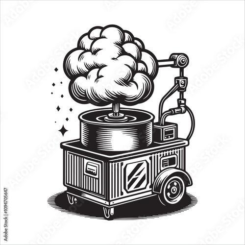 Vintage-Style Machine Creating a Cloud of Ideas. A stylized, black and white illustration of a retro-futuristic machine that produces a large cloud of what appears to be ideas or thoughts.