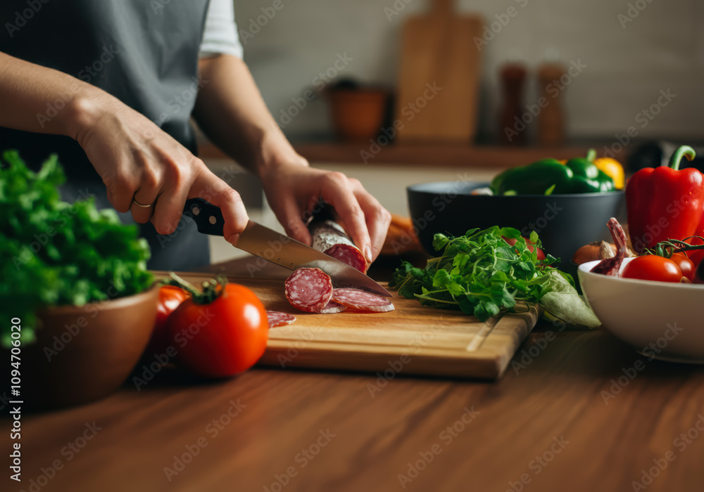 Female hands cut salami, vegetables, greens, tomatoes on table on wooden boards. Ingredients for preparing italian or french food in home kitchen
