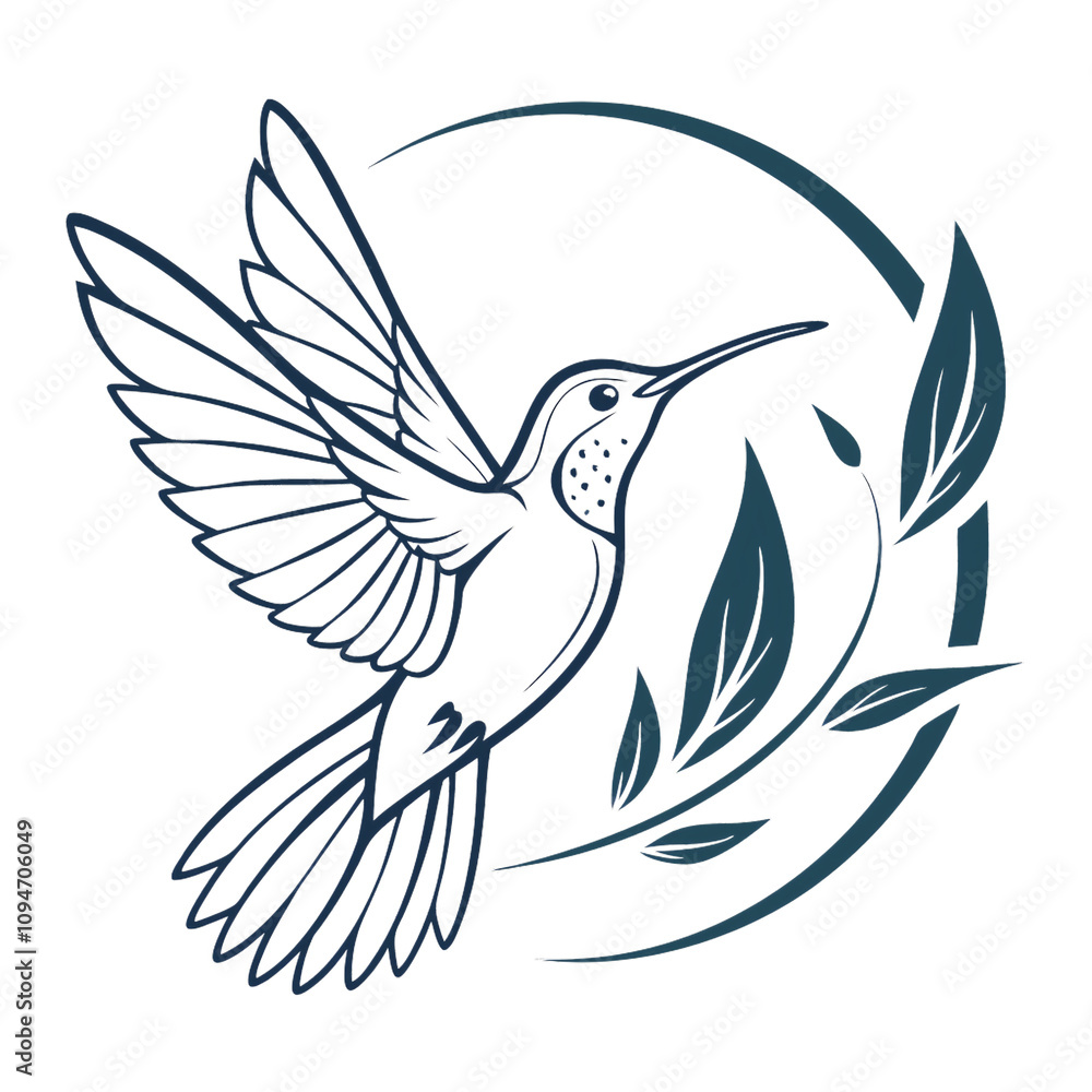 Obraz premium A detailed teal outline of a hummingbird encircled by leaves, symbolizing harmony and nature's connection, set against a transparent background
