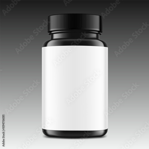 Plastic black packer pill bottle mockup with child resistant cap and label for treats, vitamins, supplements on gradient background. Vector illustration. Ready for your design. EPS10.