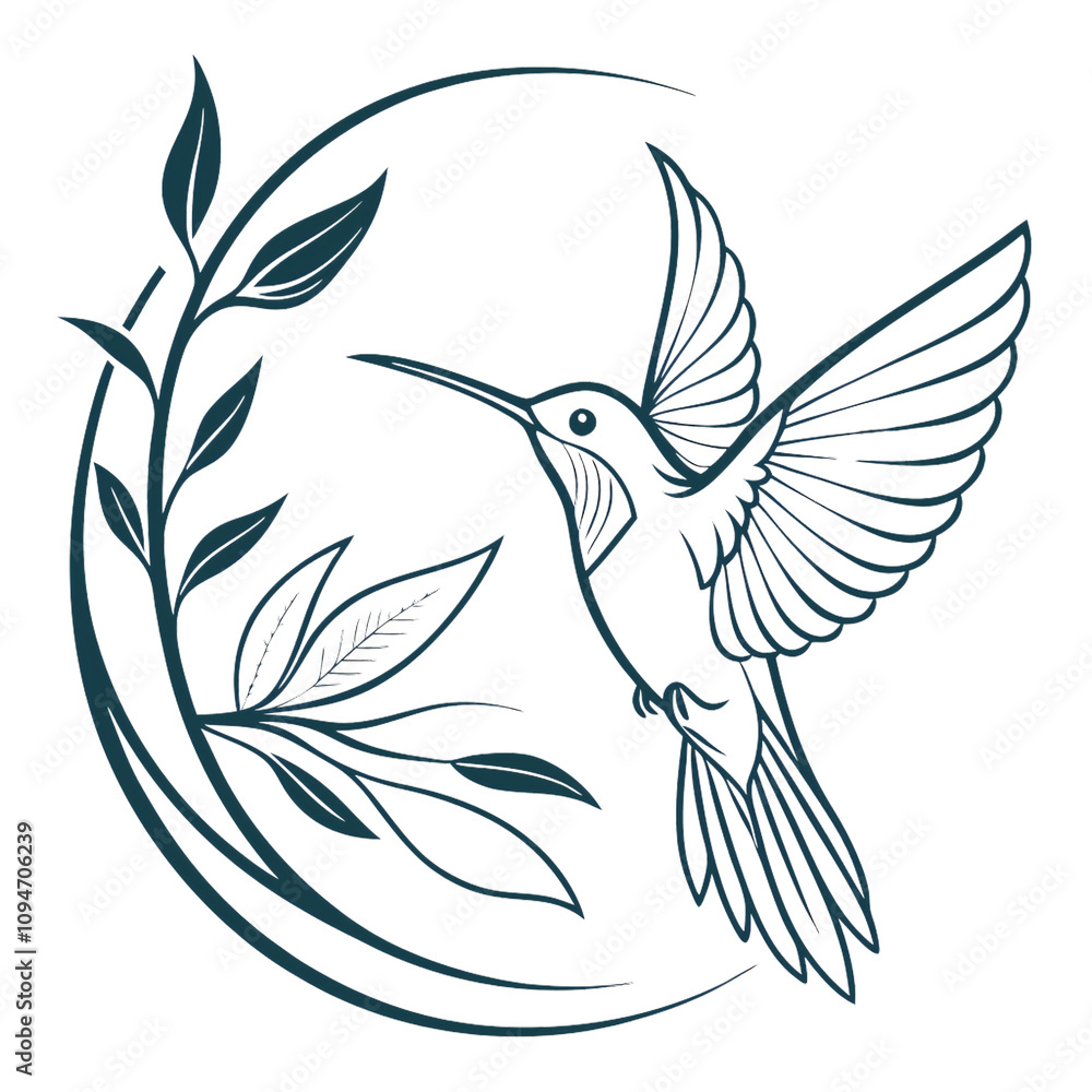 A graceful outline of a hummingbird surrounded by leaves within a circular frame, representing balance and ecological themes, set against a transparent background A graceful outline of a hummingbird surrounded by leaves within a circular frame, representing balance and ecological themes, set against a transparent background