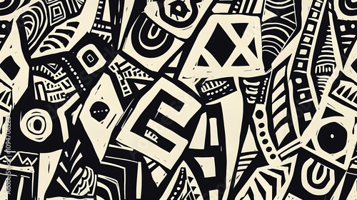 Wallpaper Mural A complex abstract design featuring various geometric shapes and patterns in black and white. Torontodigital.ca