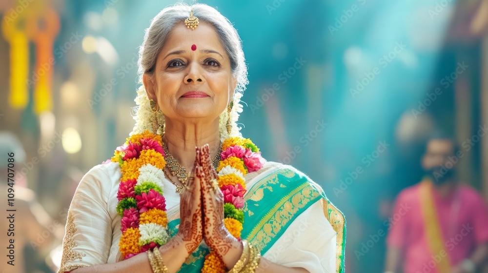 Elderly Indian woman in traditional attire, greeting with folded hands, wearing floral garlands. Elderly Indian woman in traditional attire, greeting with folded hands, wearing floral garlands.