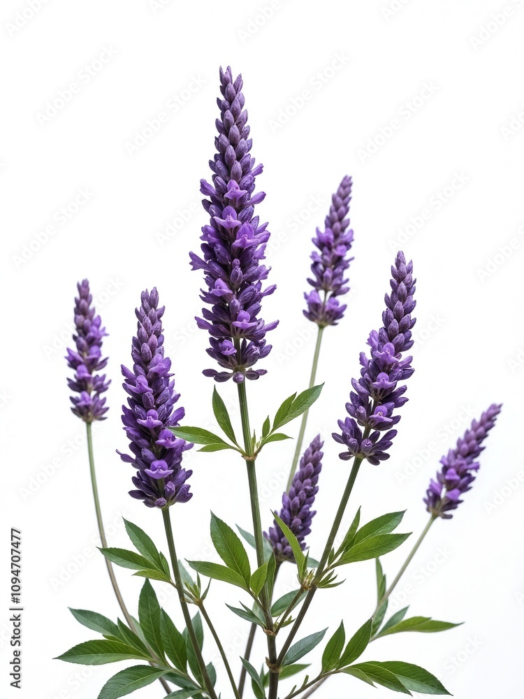 Fototapeta premium Stunning Close-Up of Vibrant Purple Flower Spikes Surrounded by Lush Green Leaves Against a Bright White Background for Nature Lovers and Floral Enthusiasts