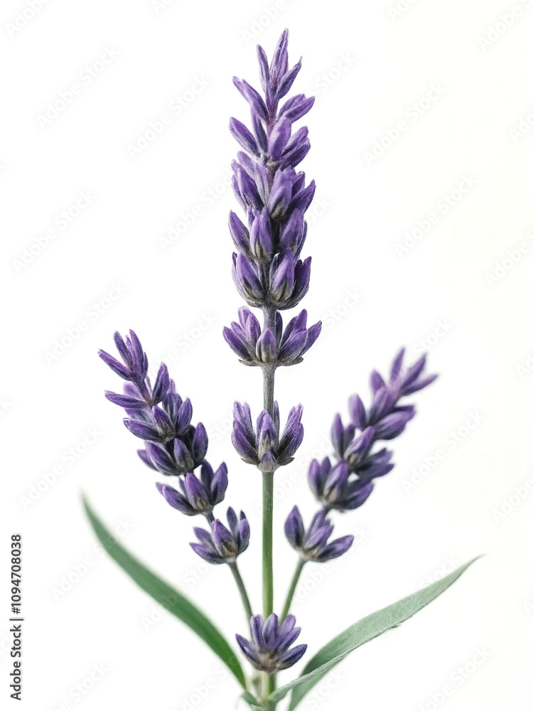 Naklejka premium Beautiful Lavender Flower Stem Isolated on White Background, Showcasing Vibrant Purple Petals and Green Leaves with Delicate Details