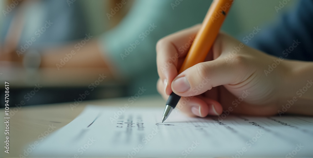 A close-up shot of a student's hand resting on a desk, gripping a pen tightly as they take an exam in a classroom A close-up shot of a student's hand resting on a desk, gripping a pen tightly as they take an exam in a classroom