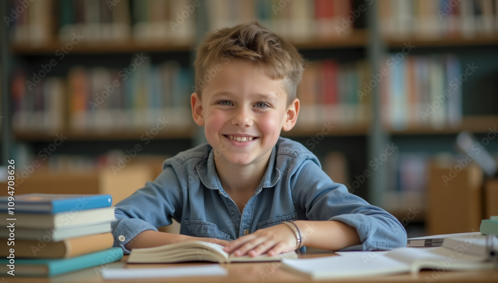 A portrait of a happy schoolboy studying in a library, sitting at a desk surrounded by books