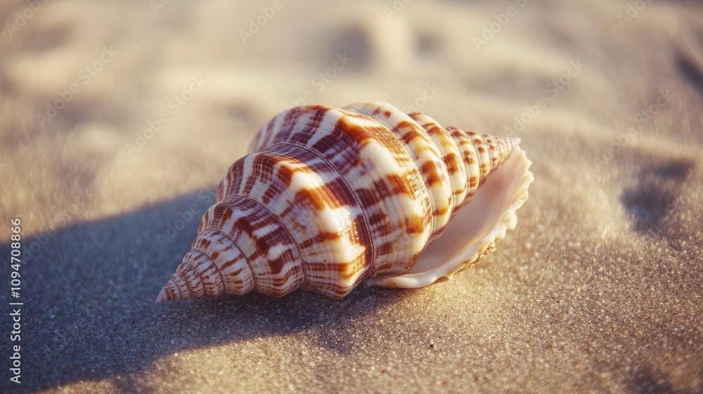 Close-Up View of a Beautiful Shell Resting on Golden Sand with Soft Light Capturing Intricate Patterns and Textures in a Serene Beach Setting Close-Up View of a Beautiful Shell Resting on Golden Sand with Soft Light Capturing Intricate Patterns and Textures in a Serene Beach Setting