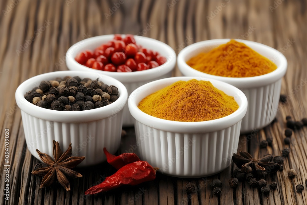 Assortment of Spices in White Ramekins on Wooden Surface Assortment of Spices in White Ramekins on Wooden Surface