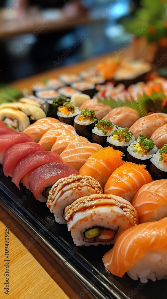 colorful sushi platter with neatly arranged nigiri, sashimi, and rolls, served on a sleek black plate colorful sushi platter with neatly arranged nigiri, sashimi, and rolls, served on a sleek black plate