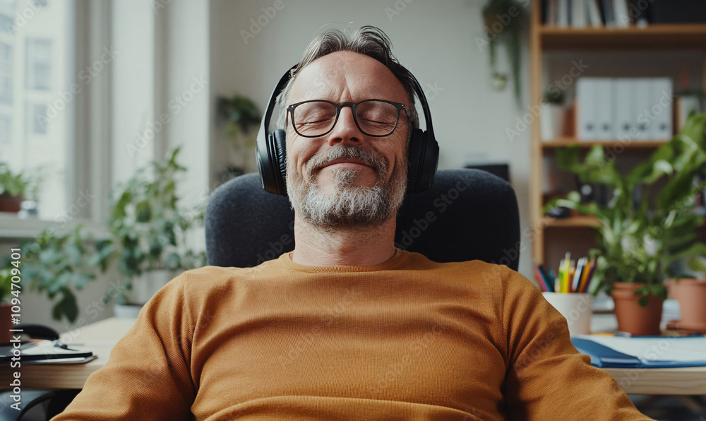 Employee meditating with headphones in a bright office Employee meditating with headphones in a bright office