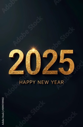 Happy New Year with the text “2025”. Gold color. Holiday card. New Year banner.