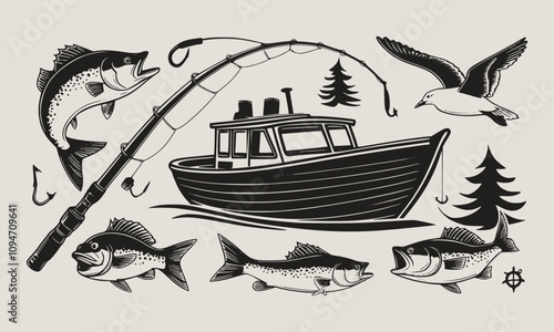 A fish head and a fish in the middle of a forest. A poster that says fish set on it.

