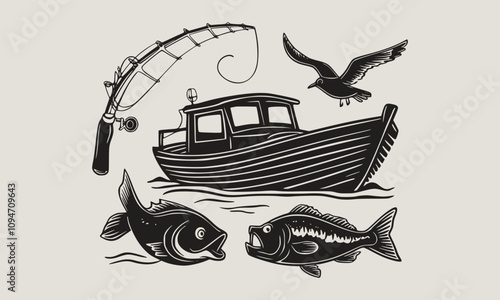 A fish head and a fish in the middle of a forest. A poster that says fish set on it.
