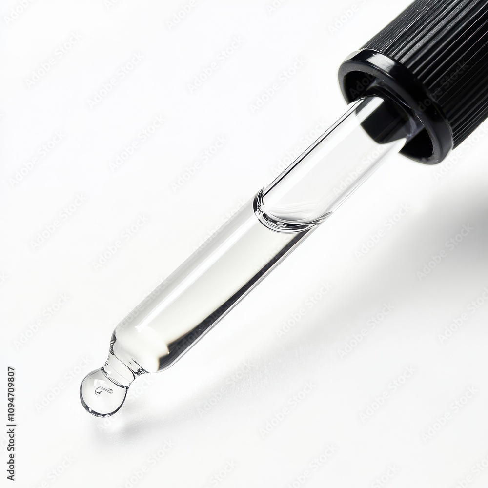 A clear glass dropper filled with a small amount of liquid, with a single droplet forming at the tip isolated on a white background A clear glass dropper filled with a small amount of liquid, with a single droplet forming at the tip isolated on a white background