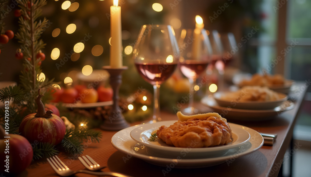 A festive holiday dinner table set with traditional foods, wine glasses, and Christmas decorations A festive holiday dinner table set with traditional foods, wine glasses, and Christmas decorations