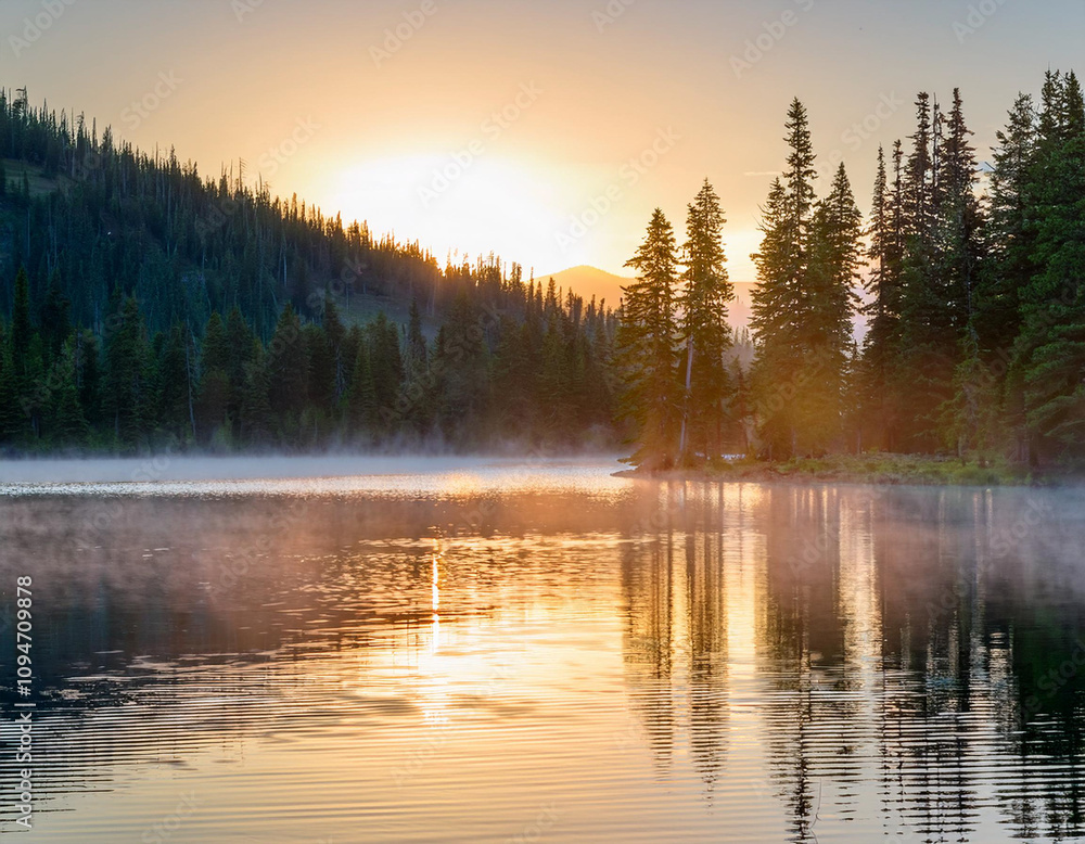 Fototapeta premium Sunrise over a tranquil mountain lake mist rising from the water