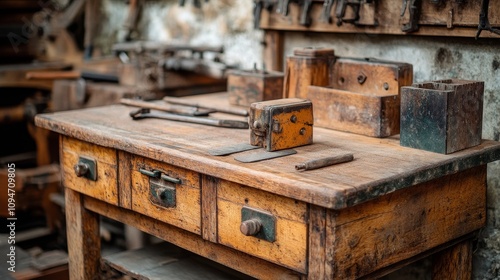 A Rusted Wooden Workbench with Tools and Drawers in a Workshop