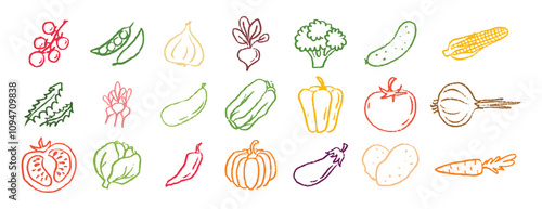 Vegetables icons chalk hand drawn doodle set. Drawing crayon vegetables 