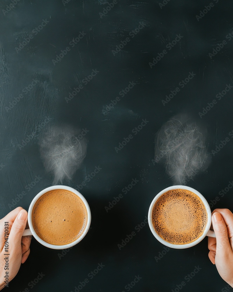 Two steaming cups of coffee are held above a dark surface, creating a cozy and inviting atmosphere. Two steaming cups of coffee are held above a dark surface, creating a cozy and inviting atmosphere.