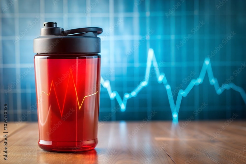 Red sports bottle with heartbeat graphic in front of business graph Red sports bottle with heartbeat graphic in front of business graph
