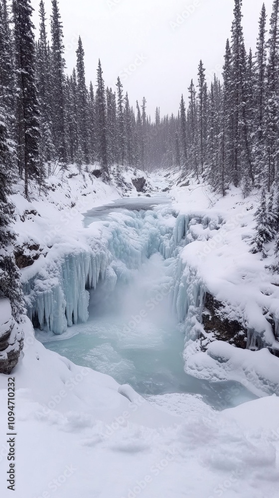 Majestic frozen waterfall surrounded by snow-covered pine trees, AI Majestic frozen waterfall surrounded by snow-covered pine trees, AI