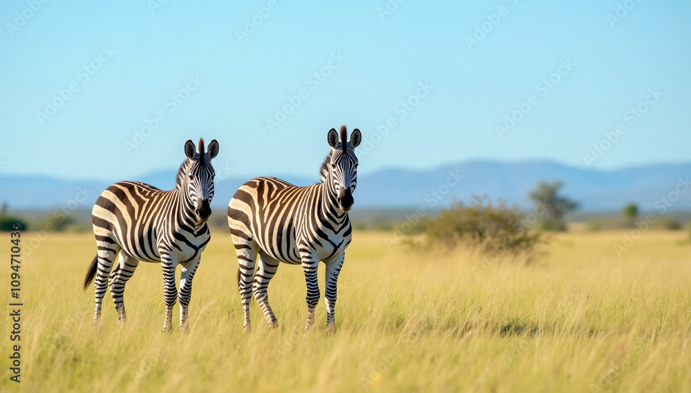 Fototapeta premium A Two zebras standing gracefully in the grasslands on a sunny day, with clear blue skies in the background