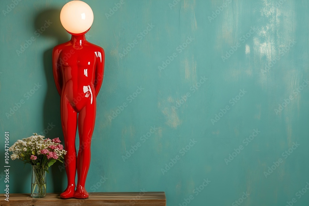 Red Humanoid Lamp with Flowers on Teal Wall Red Humanoid Lamp with Flowers on Teal Wall