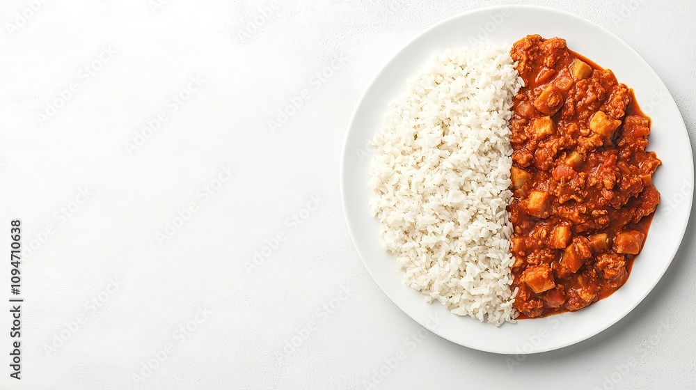 A plate of white rice and a red curry with meat and vegetables. A plate of white rice and a red curry with meat and vegetables.
