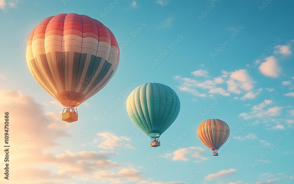 Three hot air balloons soar against a vibrant sunrise sky, showcasing a sense of adventure and freedom. Three hot air balloons soar against a vibrant sunrise sky, showcasing a sense of adventure and freedom.