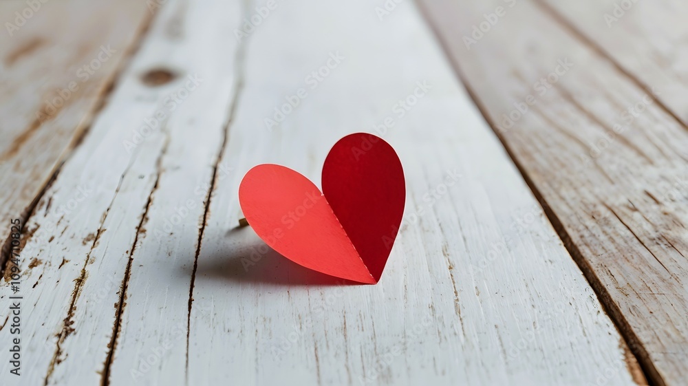 Minimal red paper love heart isolated on rustic white wooden surface, Happy valentines day romantic connection warmth, valentine romance affection bonding anniversary Minimal red paper love heart isolated on rustic white wooden surface, Happy valentines day romantic connection warmth, valentine romance affection bonding anniversary