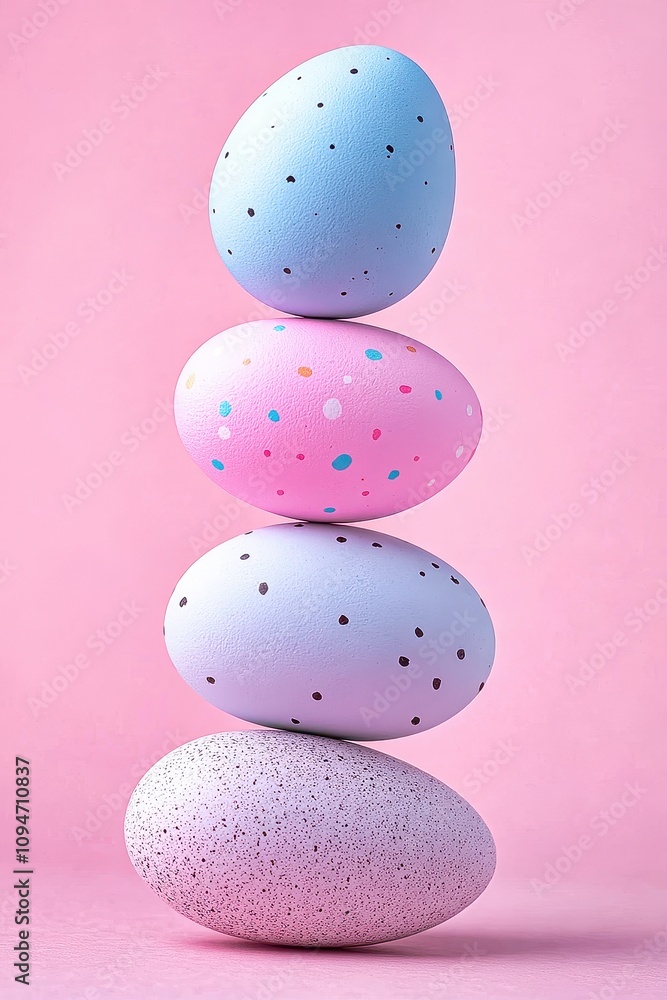 Obraz premium Colorful Easter eggs stacked in a playful arrangement against a pastel pink background