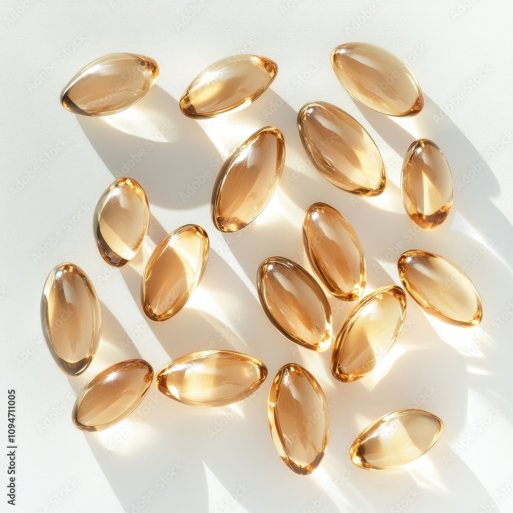 A collection of golden, glossy gel capsules scattered loosely isolated on a white background A collection of golden, glossy gel capsules scattered loosely isolated on a white background