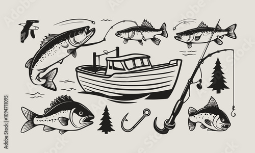 A fish head and a fish in the middle of a forest. A poster that says fish set on it.
