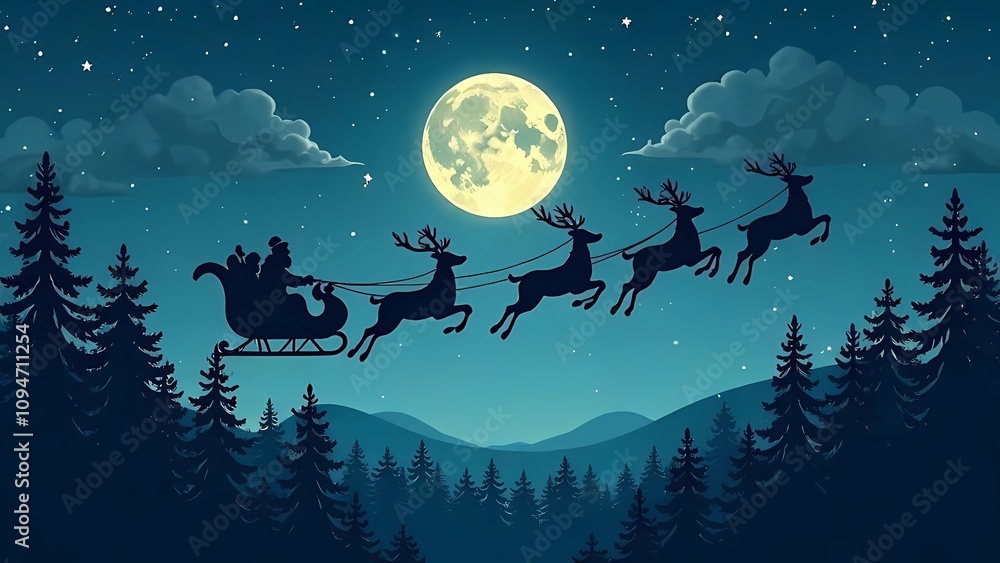 Christmas Card. Silhouette of reindeer flying in sleigh with Santa Claus against the background of full moon and starry sky over pine forest. Christmas Card. Silhouette of reindeer flying in sleigh with Santa Claus against the background of full moon and starry sky over pine forest.