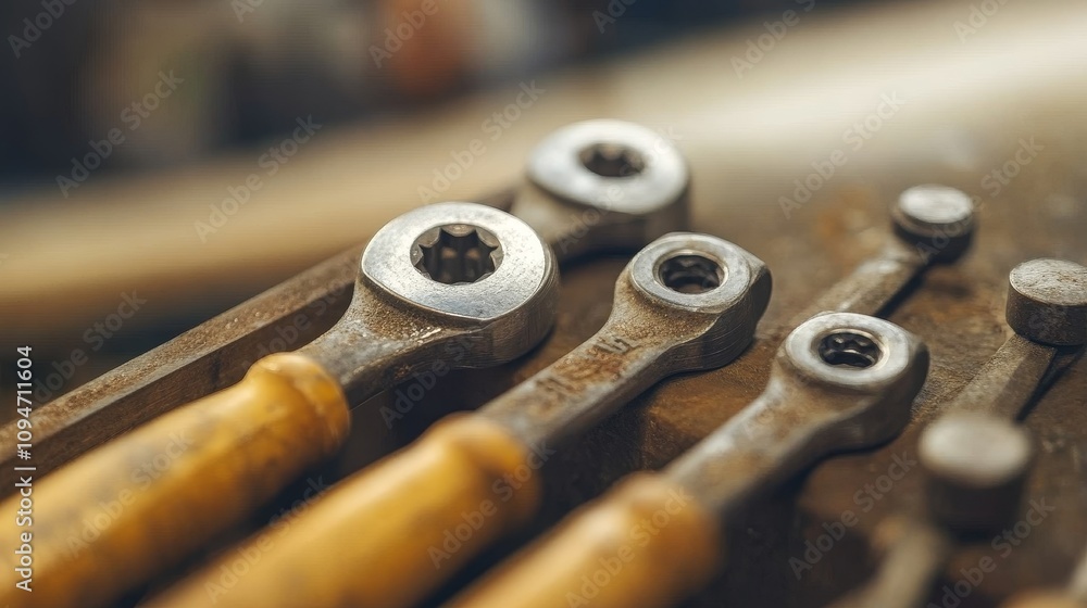 Close-up of Old and Worn Ratchet Wrenches with Wooden Handles Close-up of Old and Worn Ratchet Wrenches with Wooden Handles