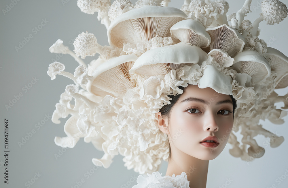 A stunning woman with a mushroom-like head, wearing a white haute couture dress, styled like a fashion photography masterpiece. A stunning woman with a mushroom-like head, wearing a white haute couture dress, styled like a fashion photography masterpiece.
