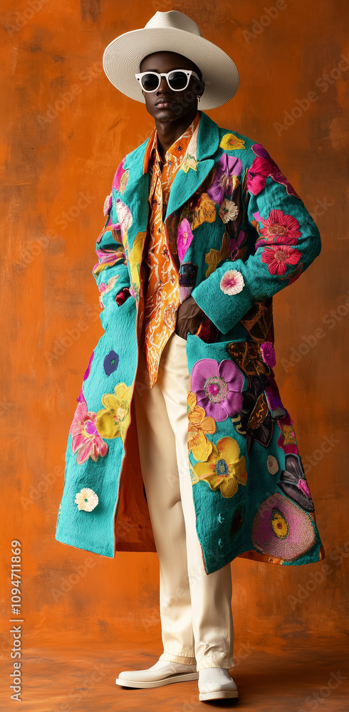 A male model showcases a spring-themed oversized teal, pink, and orange coat with yellow floral embroidery, paired with white trousers, a large hat, and sunglasses in a fashion photography shoot. A male model showcases a spring-themed oversized teal, pink, and orange coat with yellow floral embroidery, paired with white trousers, a large hat, and sunglasses in a fashion photography shoot.