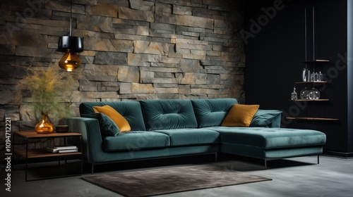 Stylish loft living room with dark green velvet corner sofa and stone wall decor, blending industrial elements with modern elegance. photo